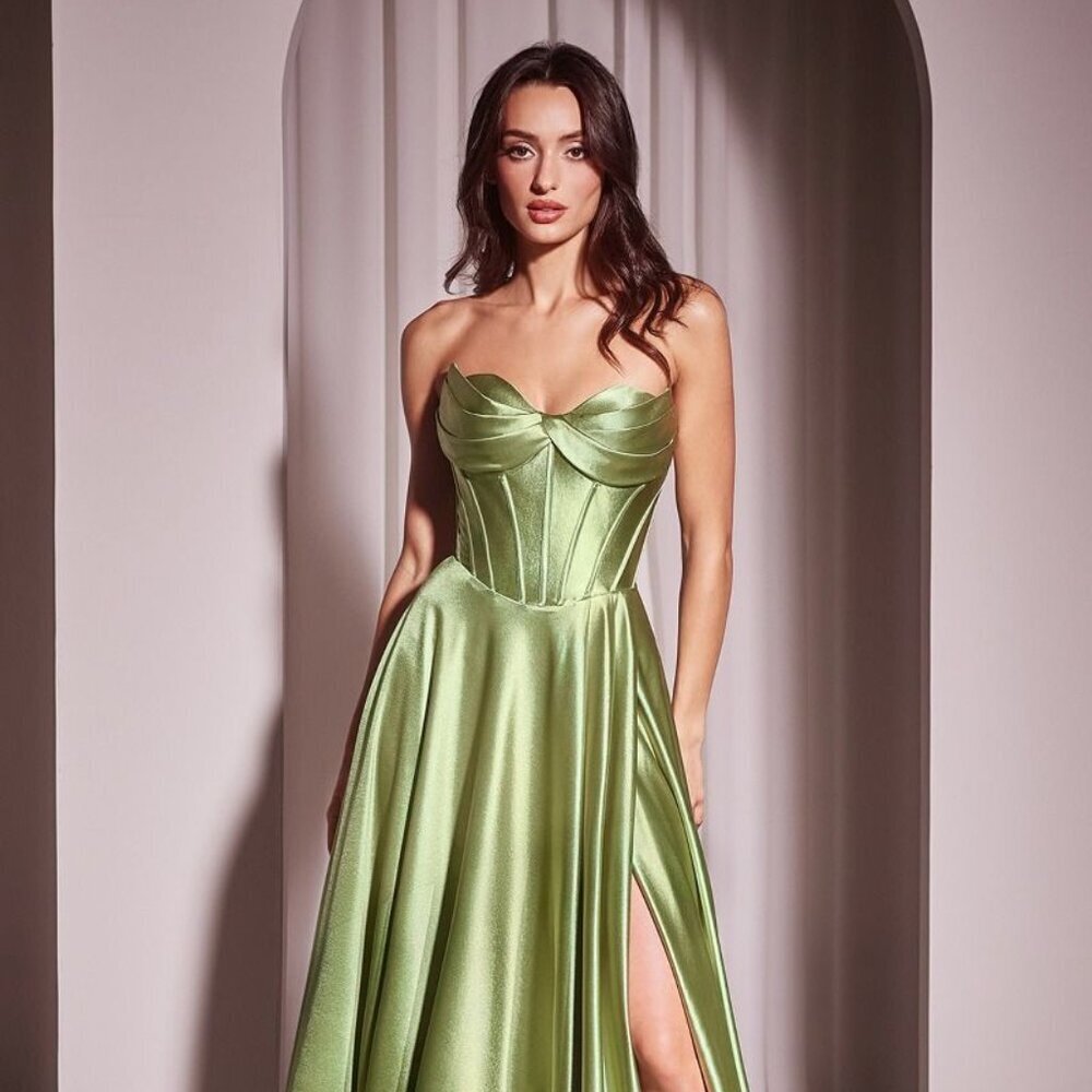Ladivine Sleeveless Strapless Line Soft Satin Pockets Gown Prom Evening Formal